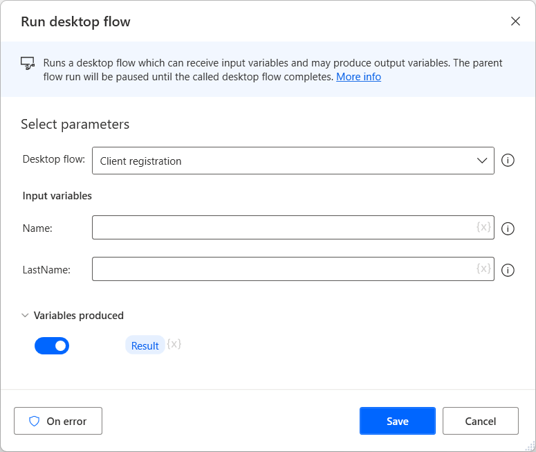 Screenshot of the Run desktop flow action.