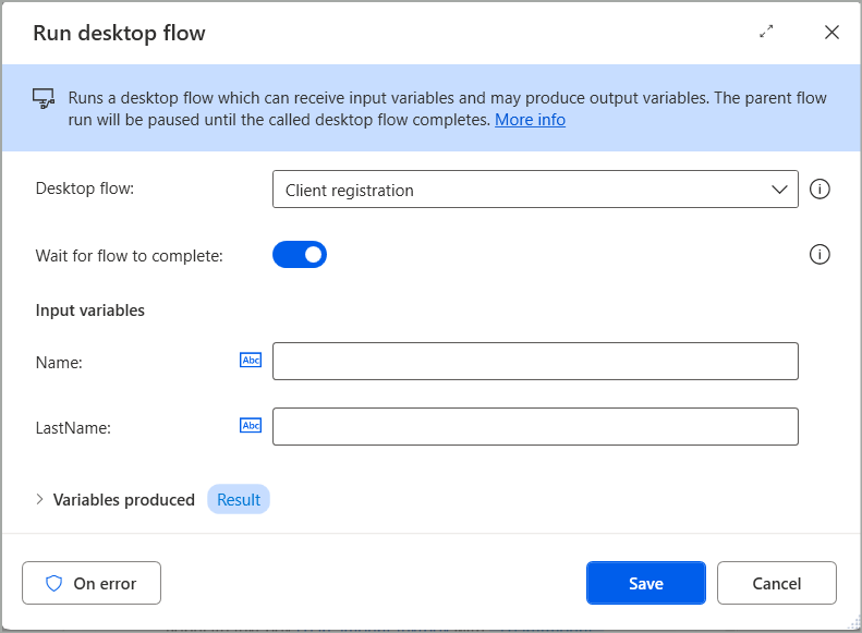 Screenshot of the Run desktop flow action.