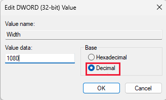 Screenshot of the registry DWORD edit window with decimal base selected.