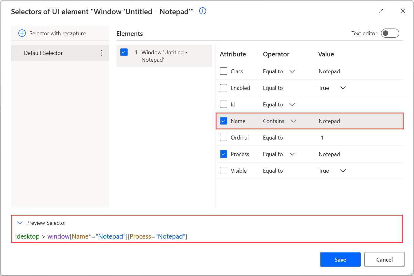 Screenshot of the Contains operator in the Notepad selector.