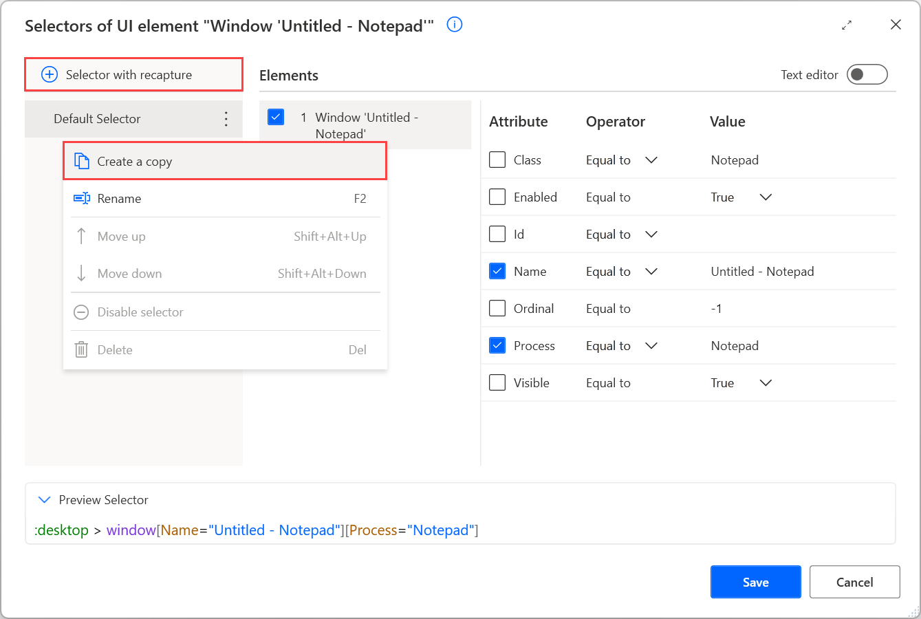 Screenshot of the buttons to capture a new selector and create a copy of an existing selector.