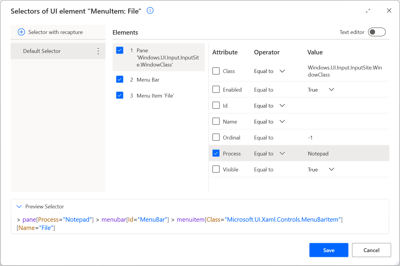 Screenshot of a selector that pinpoints the File menu option in an Notepad window.