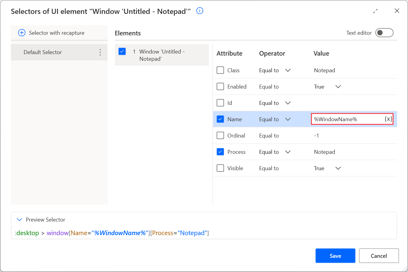 Screenshot of a variable in the Notepad selector .