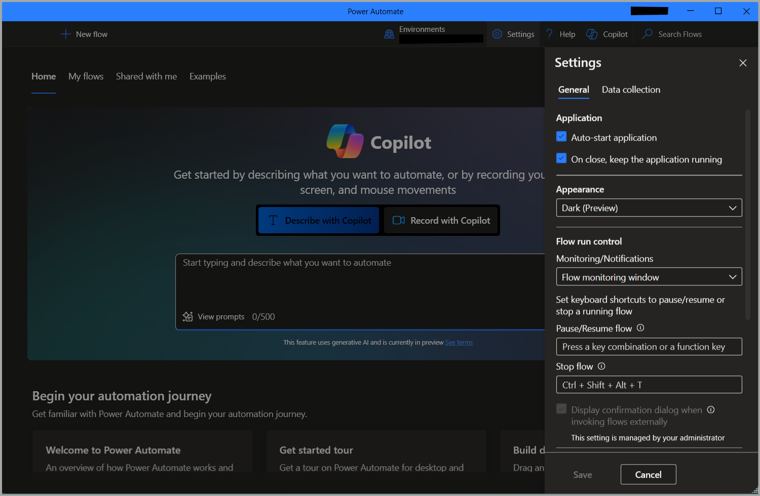 Screenshot of the dark mode experience in Power Automate for desktop.