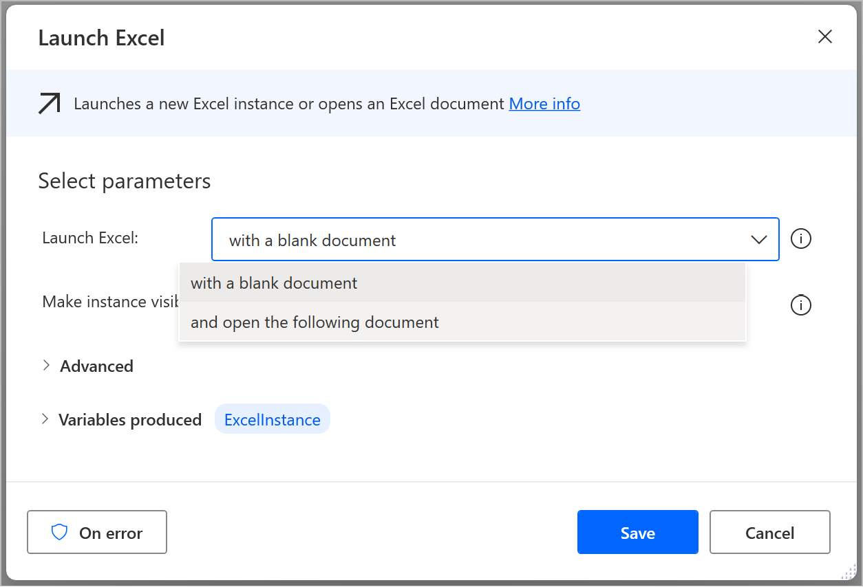 Screenshot of Launch Excel action selectors