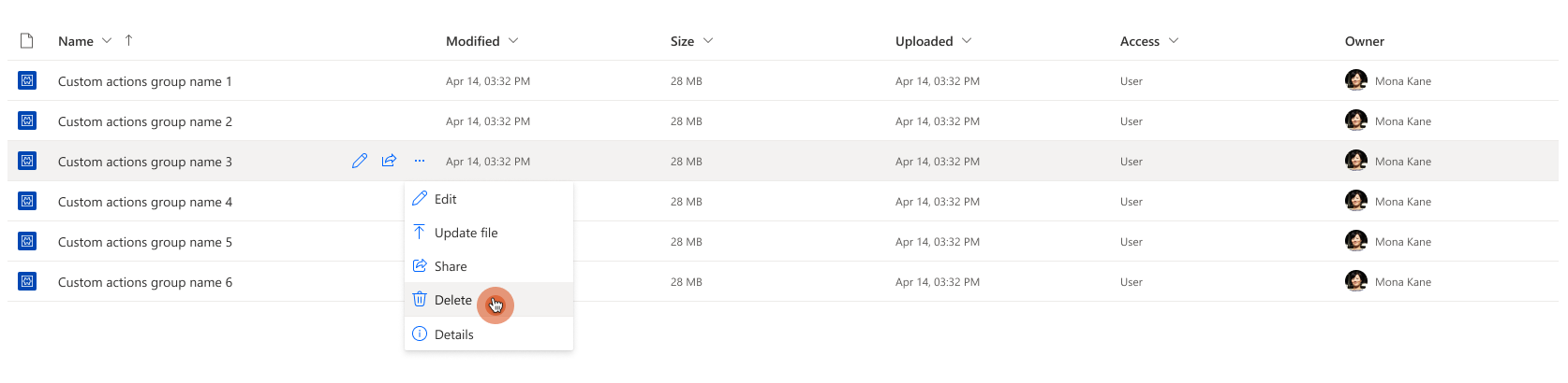 Screenshot of Delete a custom actions group