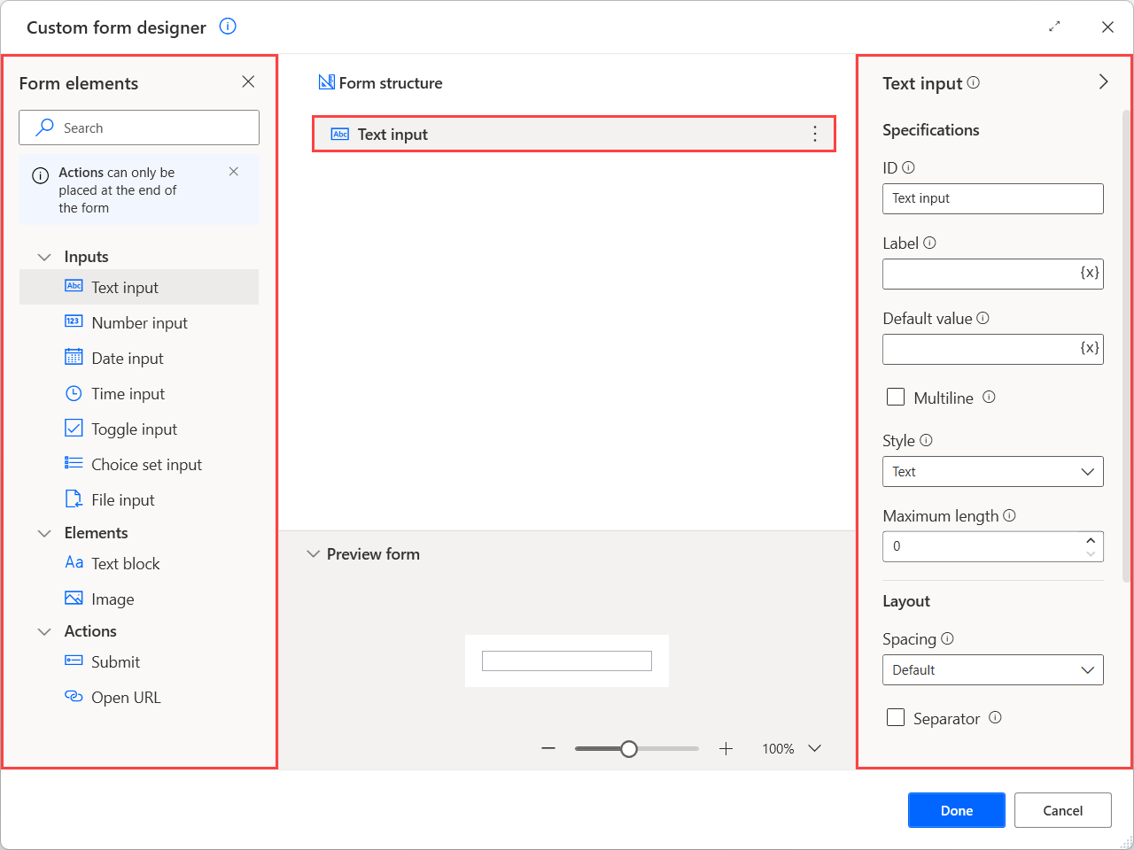 Screenshot of the available form elements.