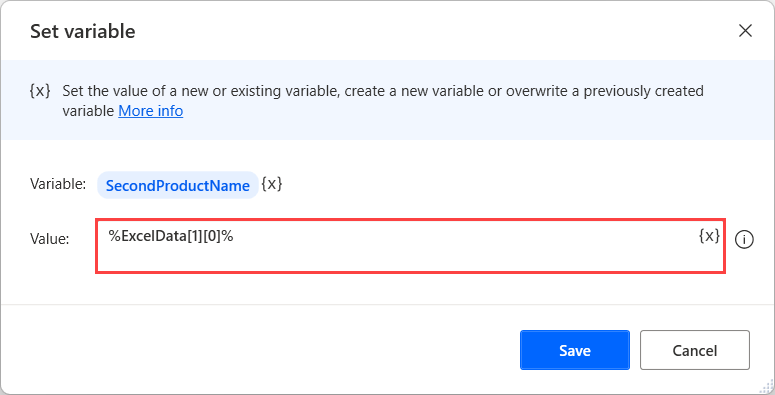 Screenshot of an expression that accesses the first row's second cell of a read Excel file.