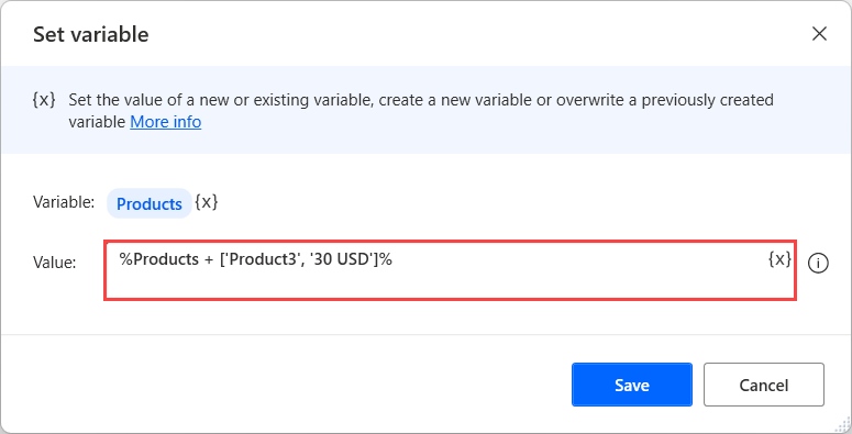 Screenshot of a Set variable action that adds a new row to a datatable.