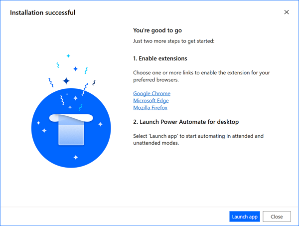 Screenshot of the Power Automate for desktop installation success confirmation.