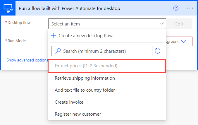 Screenshot of a cloud flow calling a DLP blocked desktop flow.