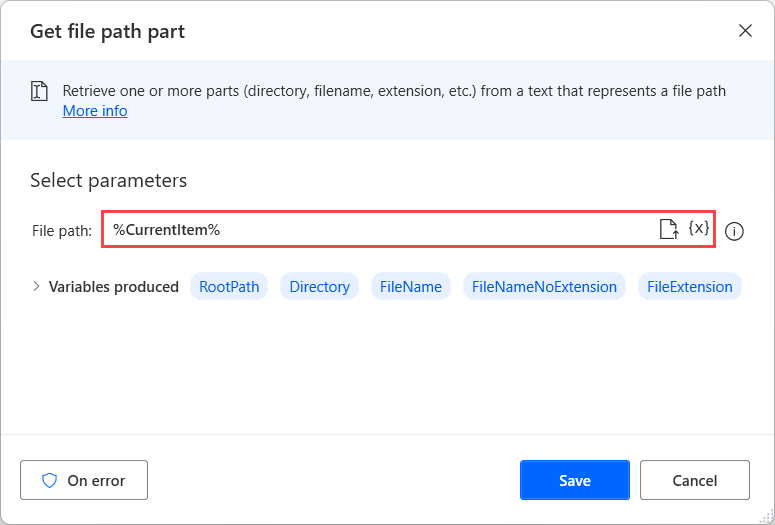 Screenshot of the Get file path part action.