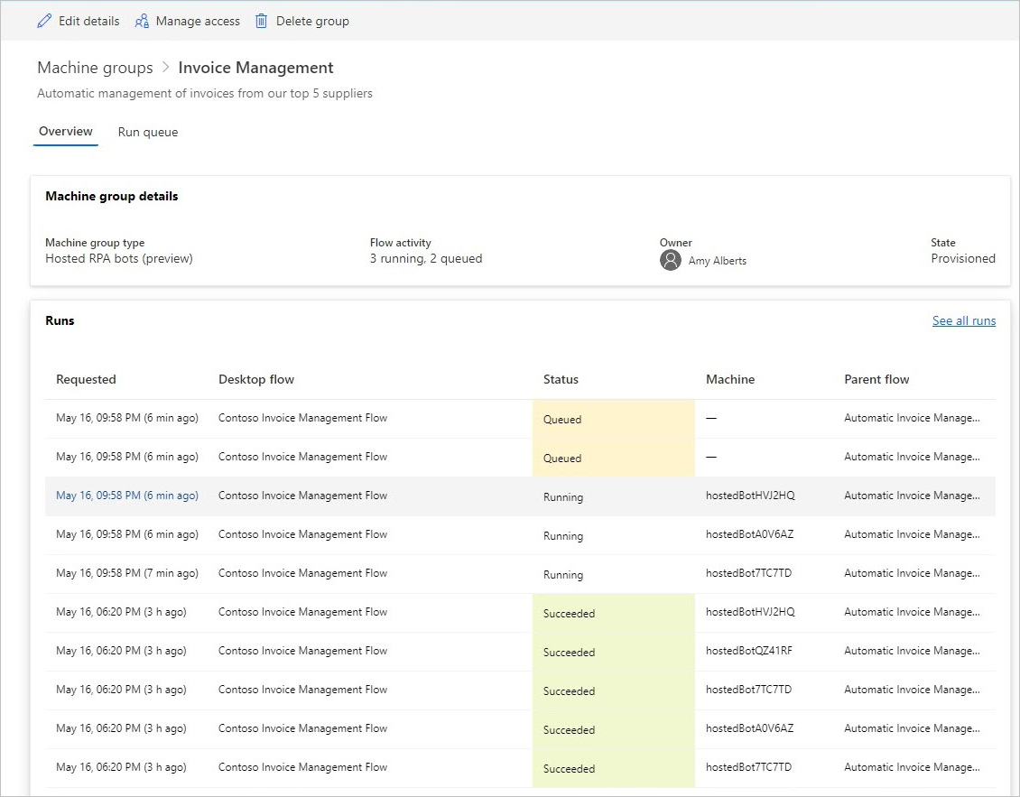 Screenshot of the queued desktop flows after a new bot is provisioned.