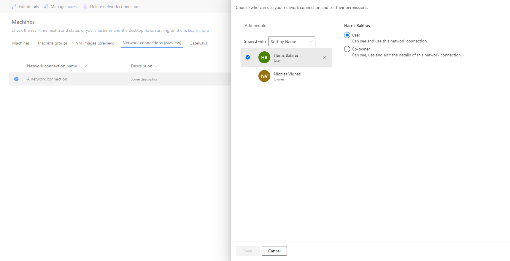 Screenshot of the Manage access of the network connection.