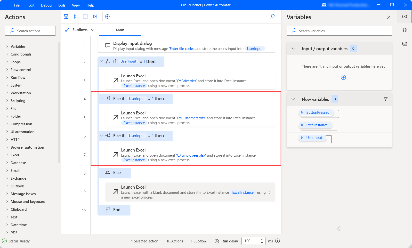 Screenshot of an example flow containing an If-else block with two additional Else-if blocks.