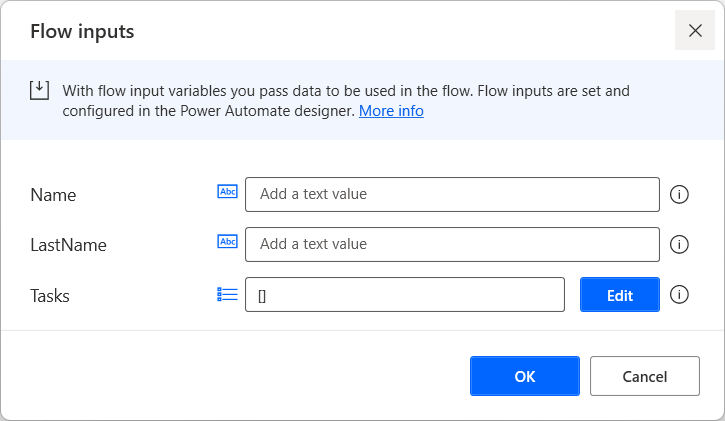 Screenshot of the Flow inputs dialog.