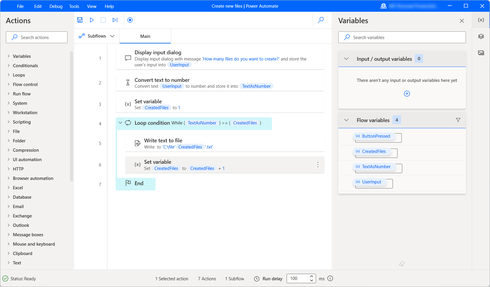 Screenshot of an example flow with a Loop condition action.