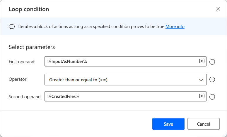 Screenshot of the Loop condition action.