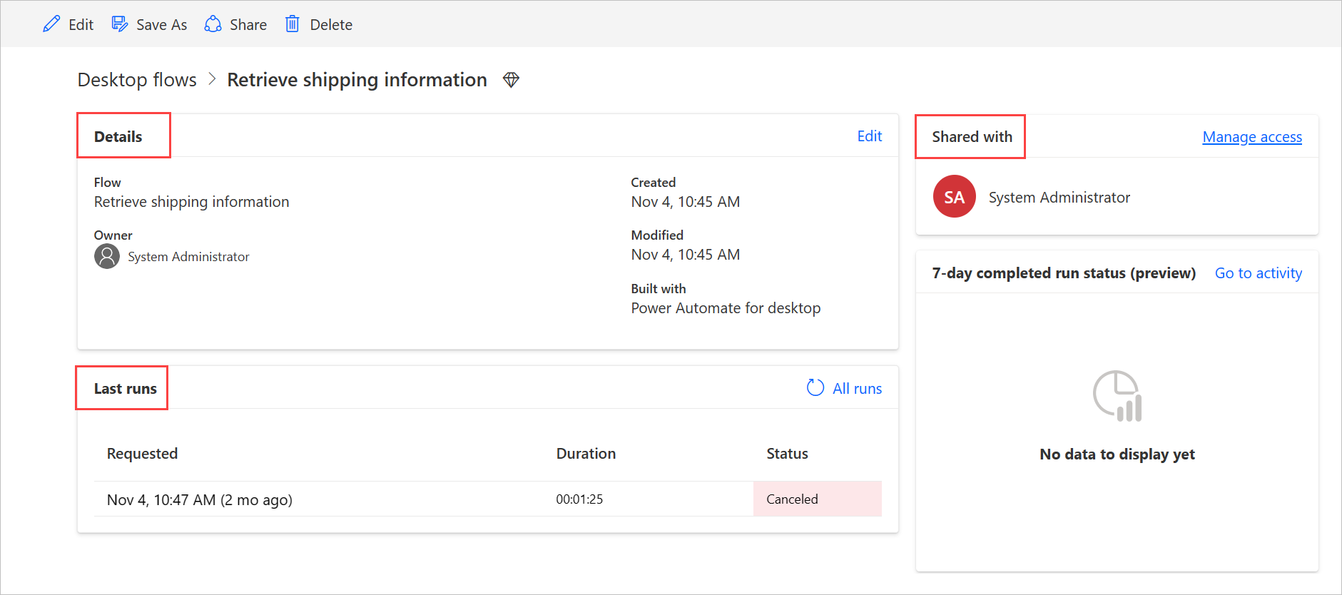 Screenshot of the details of a desktop flow.