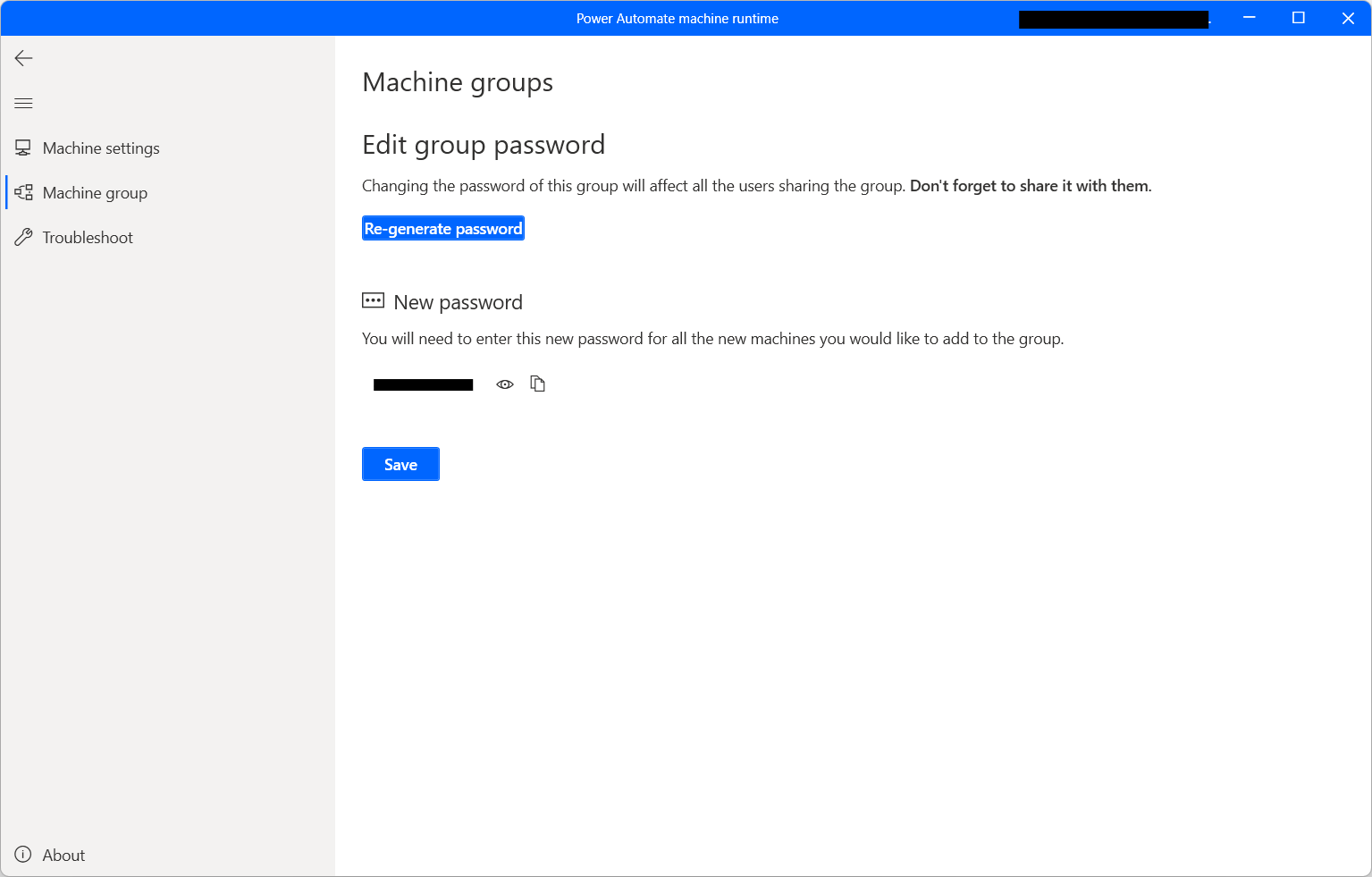 Screenshot of the fields for the new machine group password.