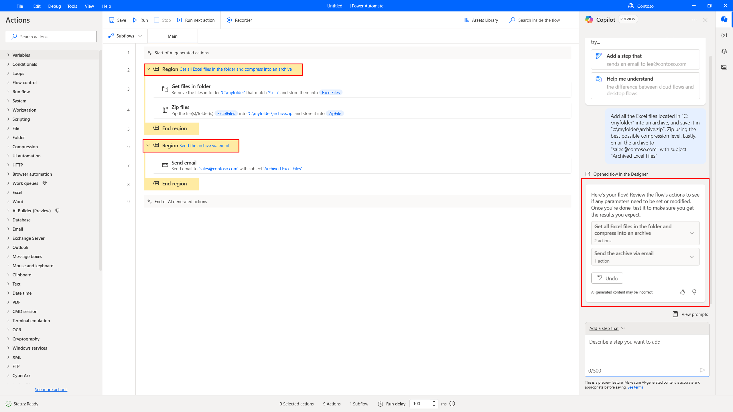 Screenshot that shows the designer opened with the actions generated by Copilot.