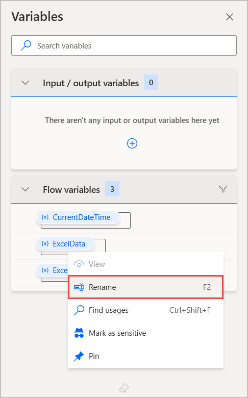Screenshot of the Rename variable option.
