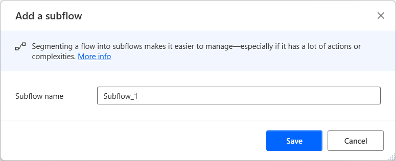 Screenshot of the populated Run subflow action.