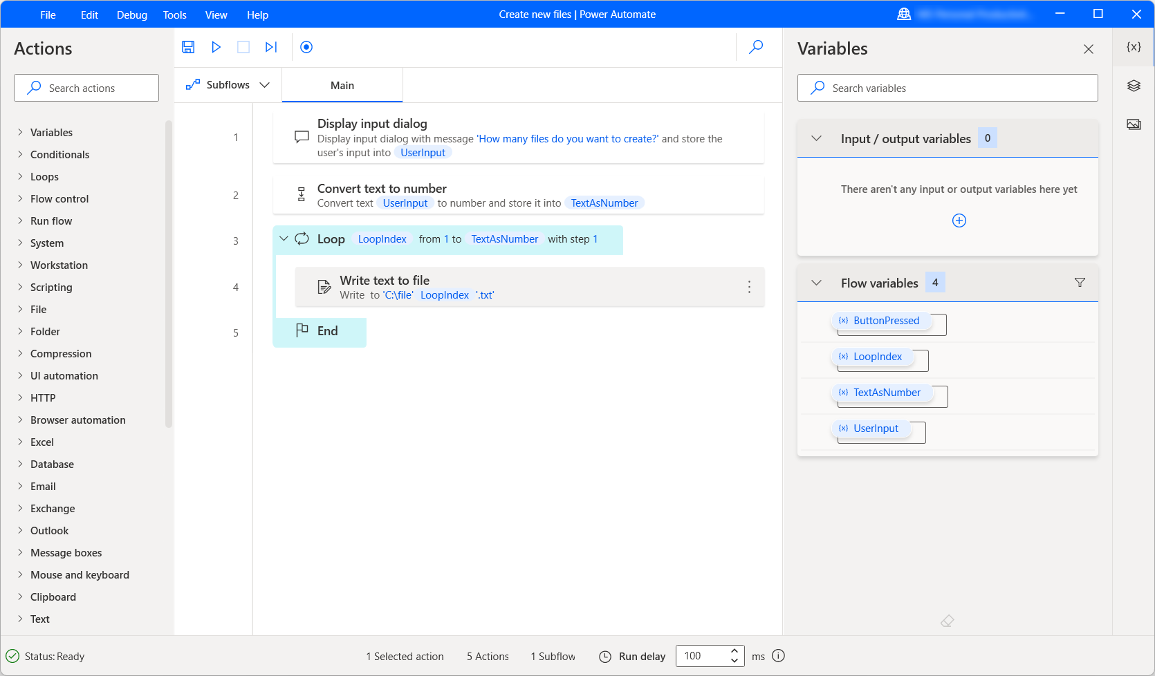 Screenshot of an example flow with a Loop action.