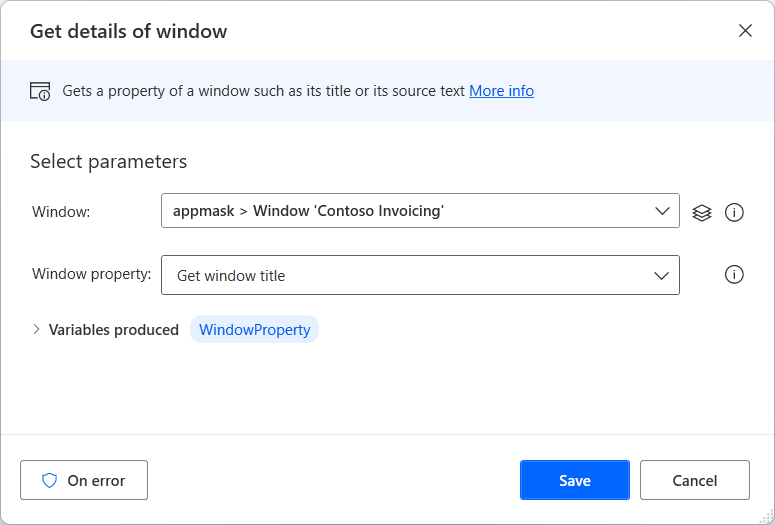 Screenshot of the Get details of window action.