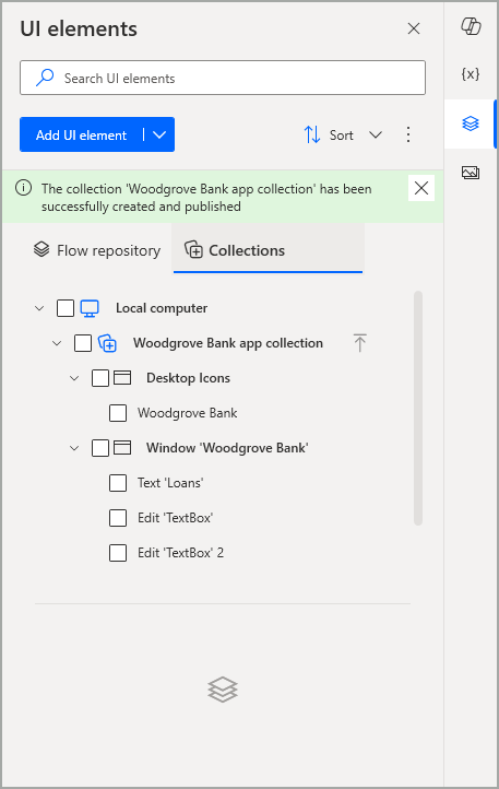 Screenshot of new UI elements collection published successfully.
