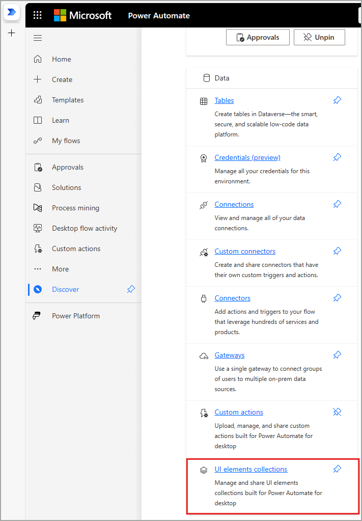 Screenshot of UI elements collections option under Data pane in portal.