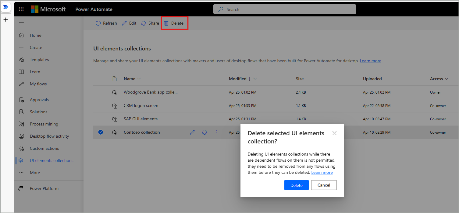 Screenshot of delete UI elements collection in portal.