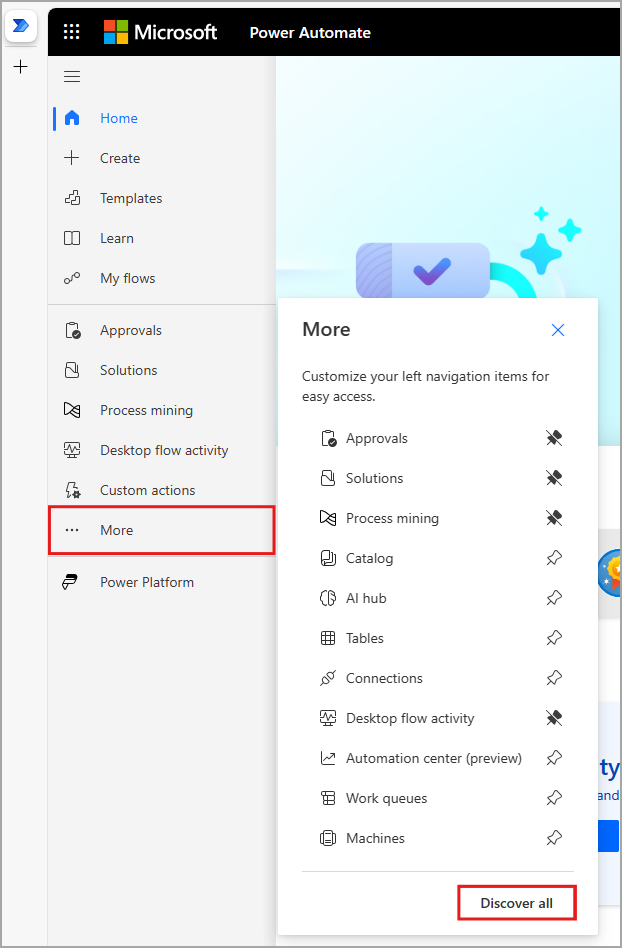 Screenshot showing the 'Discover all' option in the portal.