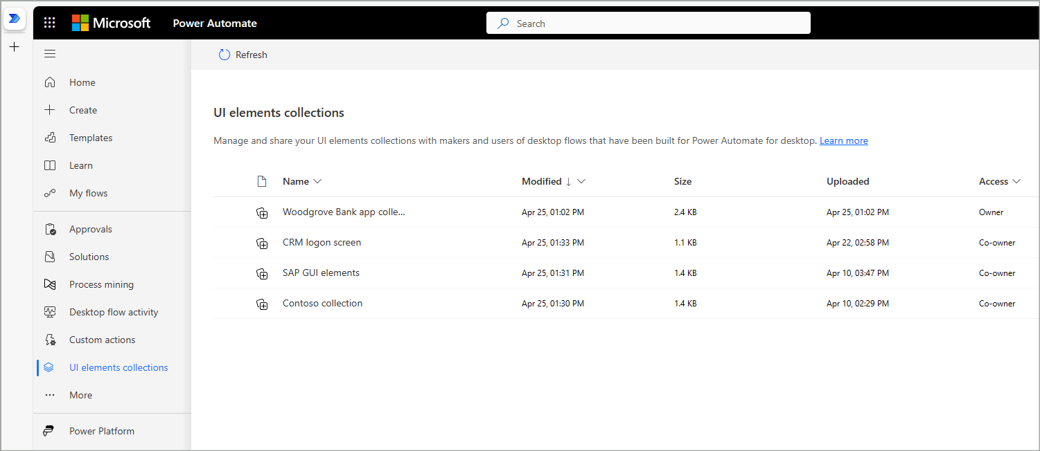 Screenshot of UI elements collections main page in portal.