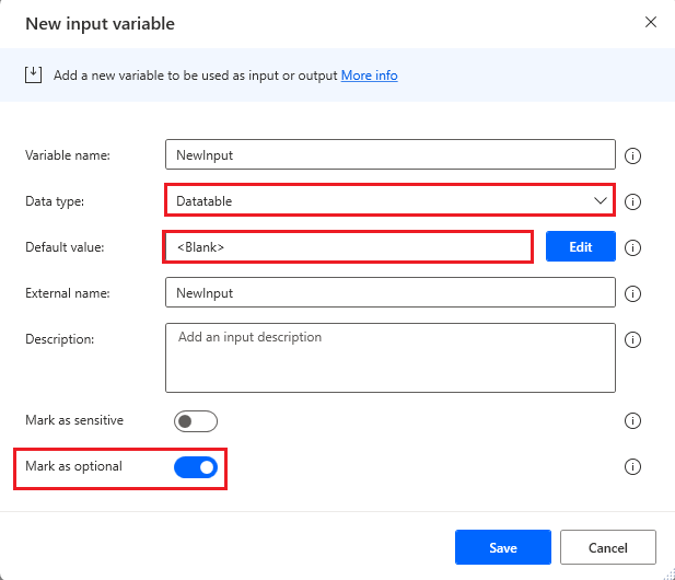 Screenshot of datatable input configuration to use blank as its default value.