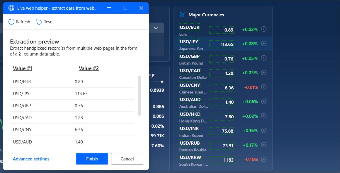 Screenshot of a webpage while extracting a data table from it.