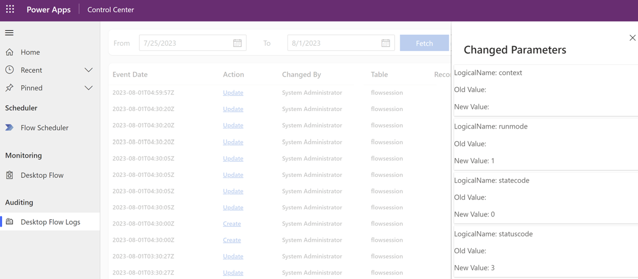 Screenshot of Automation Kit Control Center desktop flow audit logs.