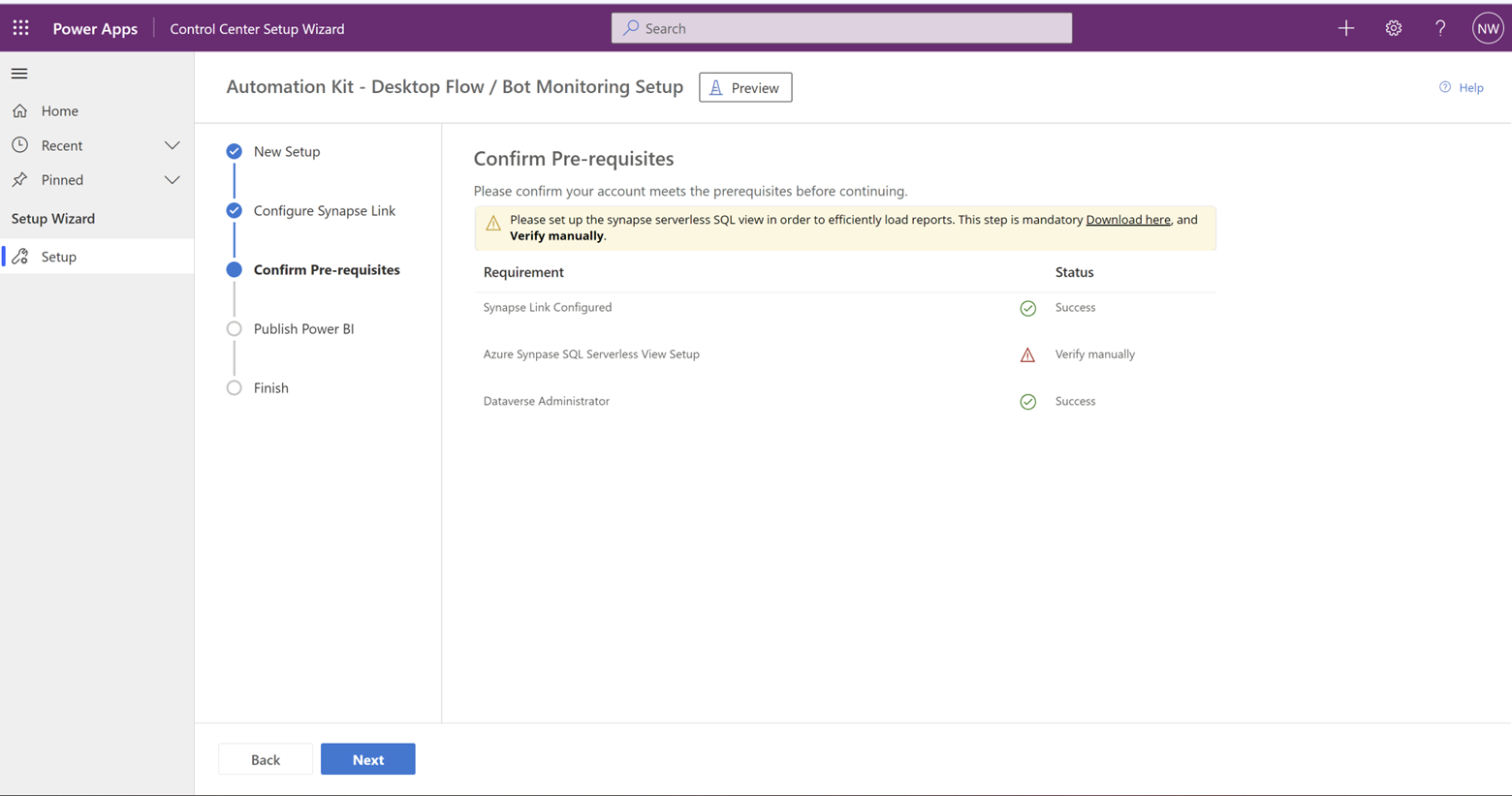 Screenshot of Automation Kit - Control Center Confirm Prerequisites.