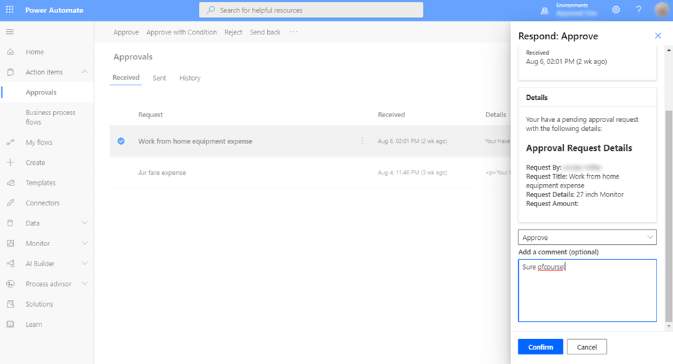 A screenshot of the Power Automate approval response panel.
