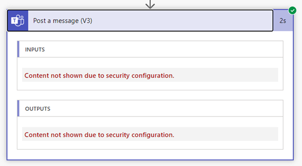 Sample run history with secure inputs and outputs enabled.