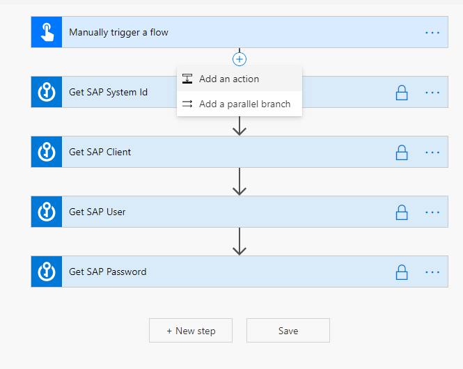 Screenshot of adding an action under the Manually trigger a flow trigger.