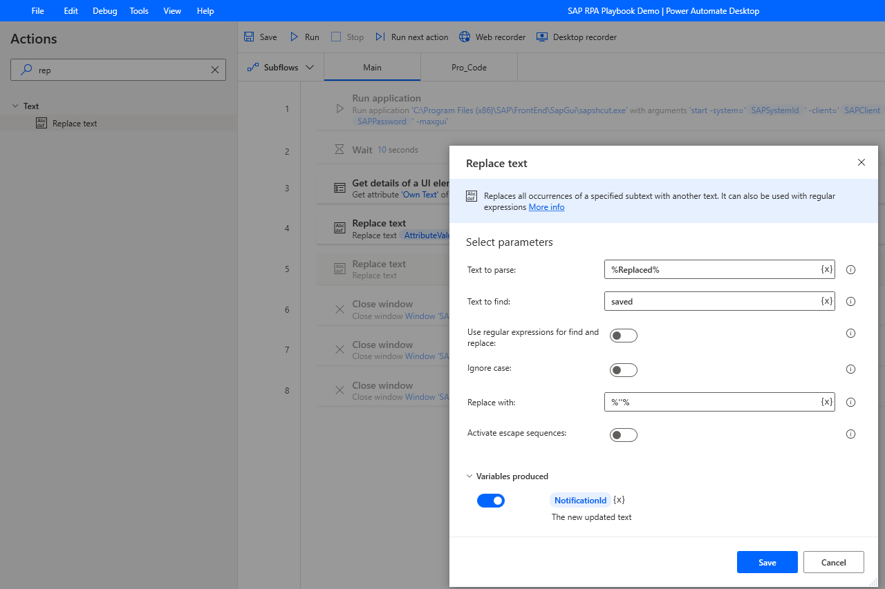 Screenshot that shows another Replace text action dialog with its parameters specified.