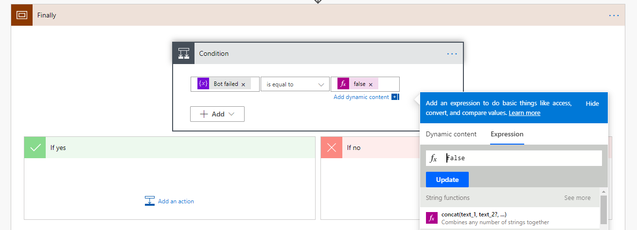Screenshot of the Condition segment with Dynamic content dialog to set the phrase Bot failed equal to false.