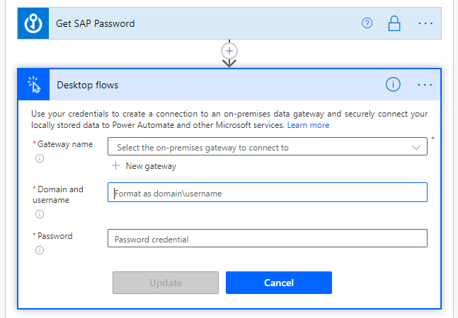 Screenshot of the Desktop flows connection property dialog for the Run a flow built by Power Automate Desktop action.