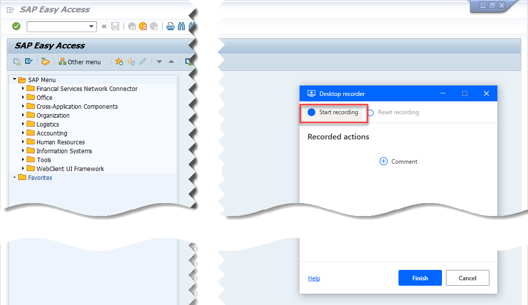 Screenshot of SAP GUI with Desktop recorder tracking window and instruction to start recording.