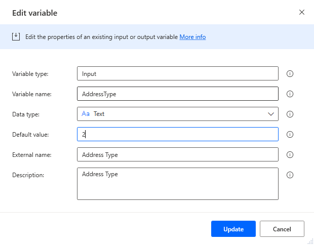 Screenshot of the Edit dialog of the AddressType variable with the default value set to 2.