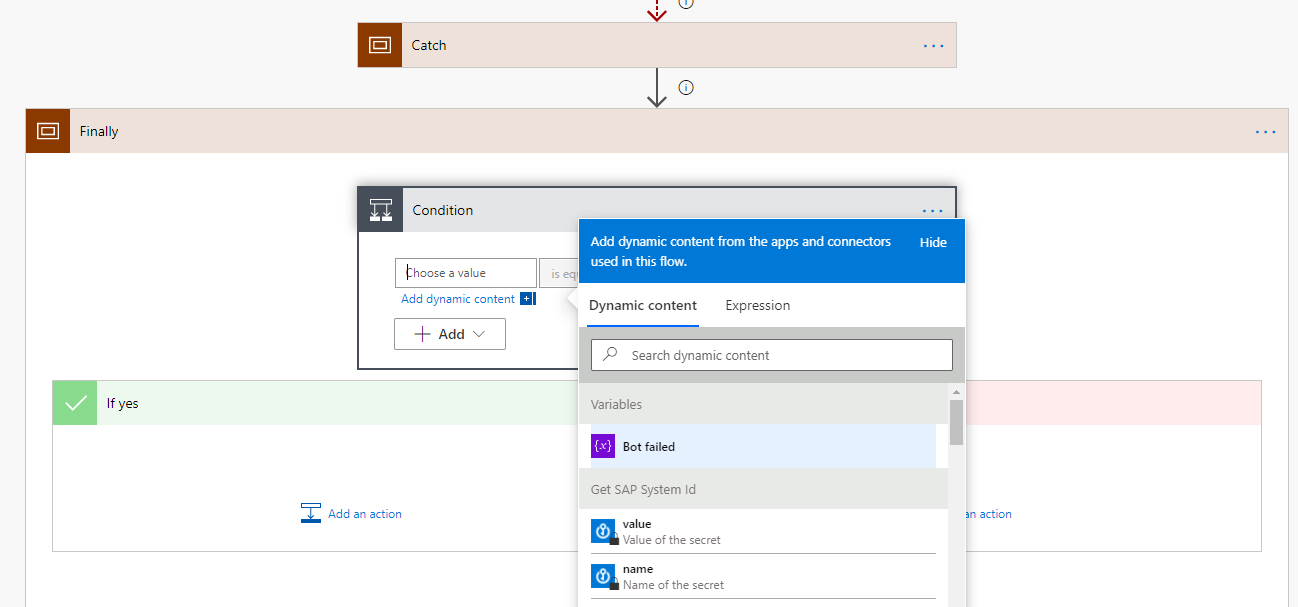 Screenshot of the Finally scope with Condition action and Dynamic expression dialogs.