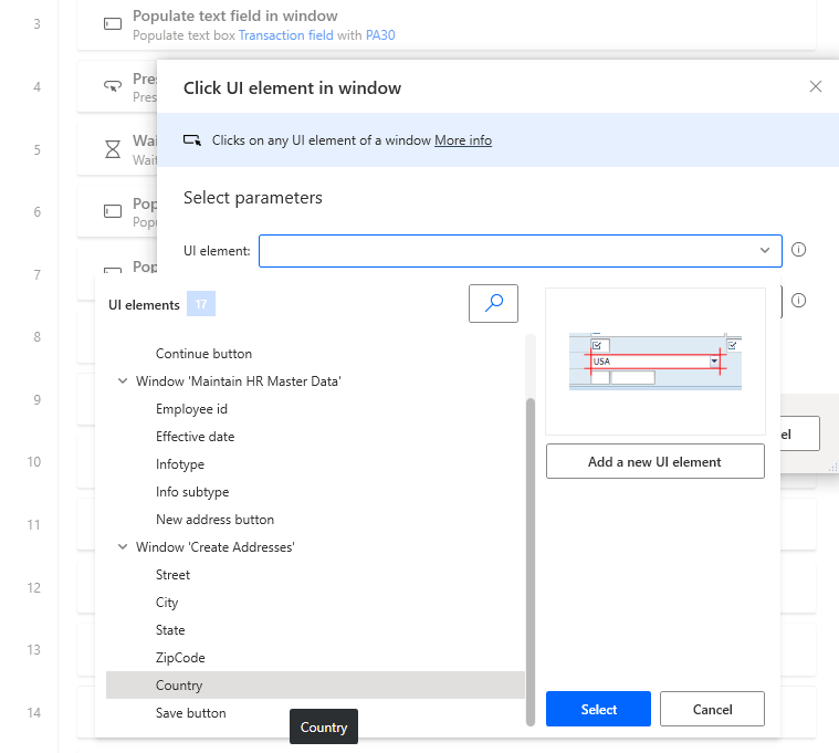 Screenshot of the Power Automate Desktop designer window with Click UI element in Window dialog open and the variables list open.