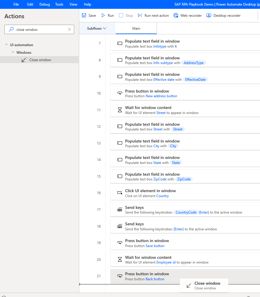 Screenshot of the Power Automate Desktop designer window with Close Window being added from the Actions pane.