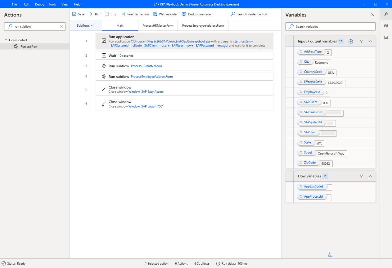 Screenshot of Power Automate Desktop designer window with the Variables pane open and default values added for all the variables.